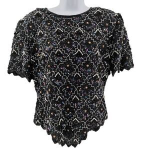 Vintage Black Silk Top Hand Embellished with Iridescent Black & Silver Beads/Seq